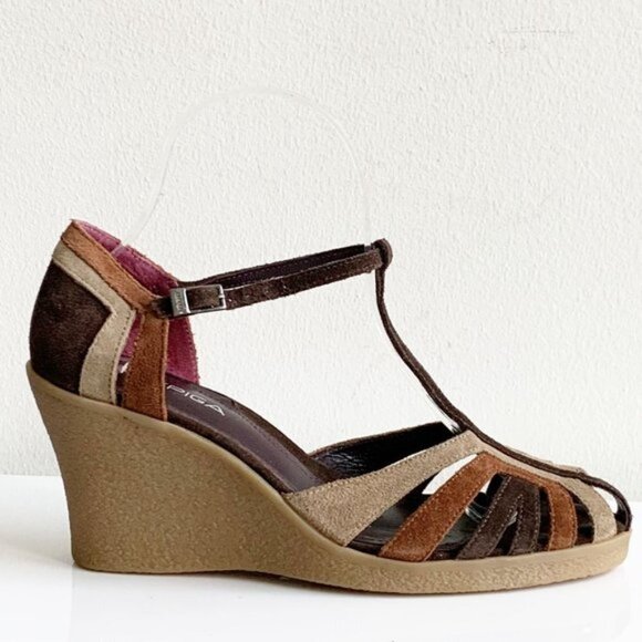 Via Spiga t-strap brown suede wedges 8M - Picture 1 of 4